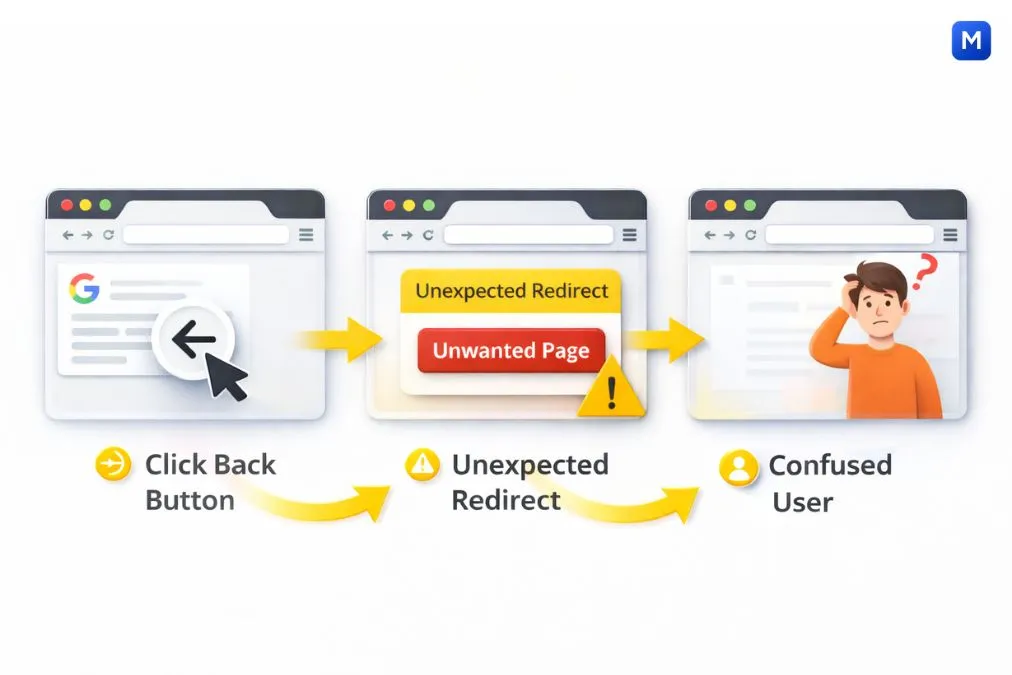 Back button hijacking SEO process illustration