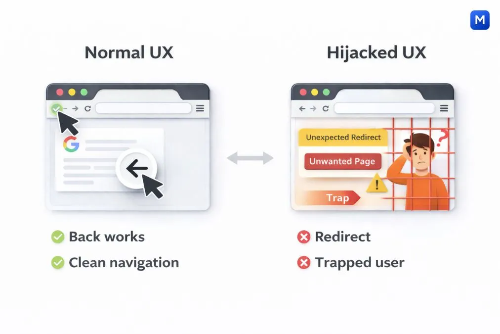 Back button hijacking UX comparison illustration