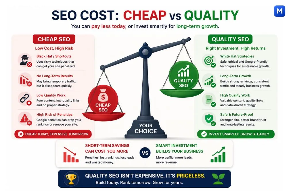 Cheap vs quality SEO comparison showing risky low cost SEO versus long term growth with high quality SEO