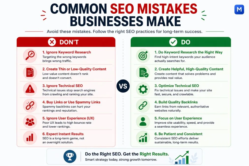 SEO mistakes vs best practices do and dont comparison infographic