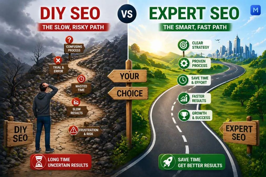 Split path SEO illustration showing DIY slow progress versus expert SEO fast results for small businesses