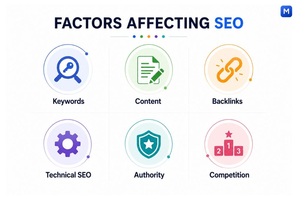 Factors affecting SEO speed including keywords content backlinks technical SEO and competition