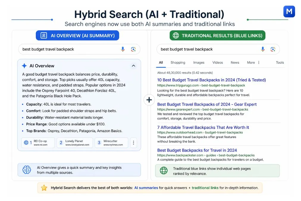google hybrid search showing ai overview summary and traditional blue links results side by side