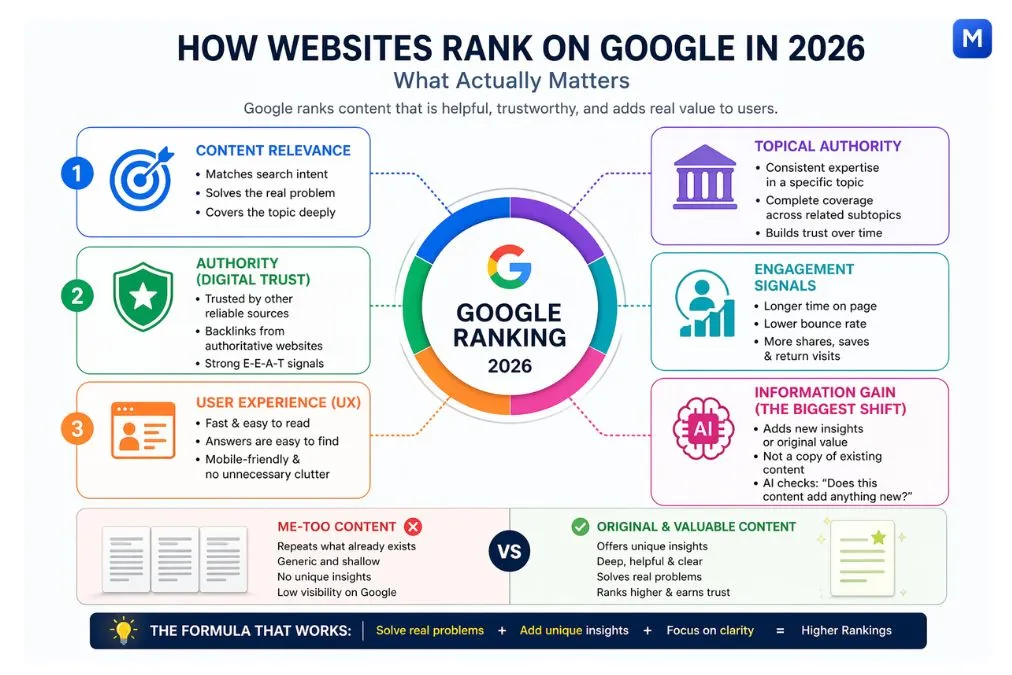 google ranking factors 2026 showing content relevance authority user experience and information gain