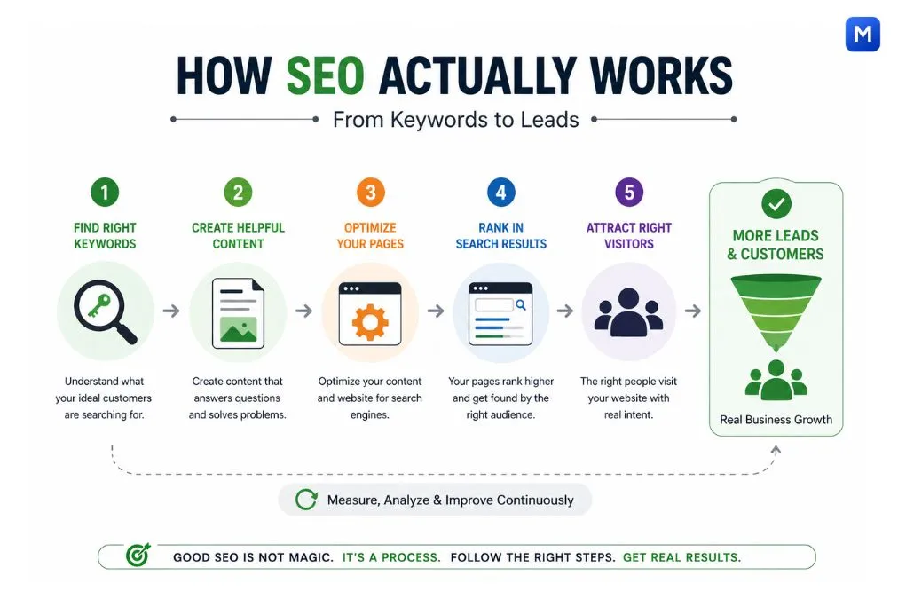 How SEO actually works showing process from keywords to content to rankings and leads for small businesses