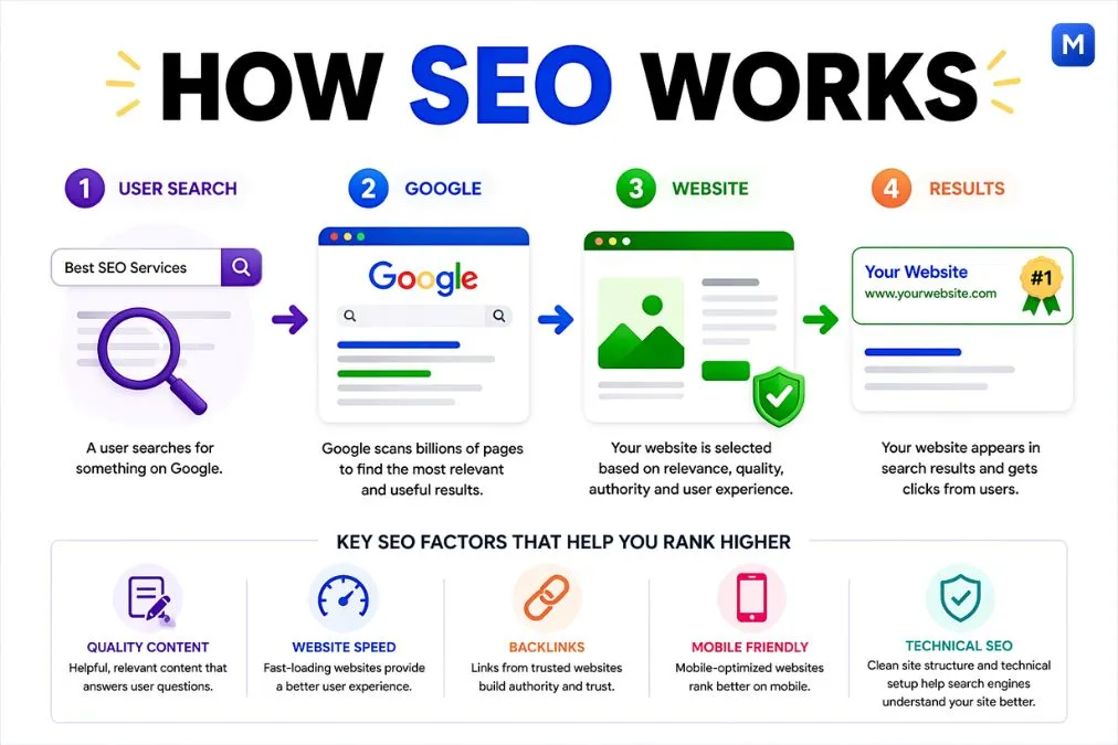 SEO process diagram showing search to results flow