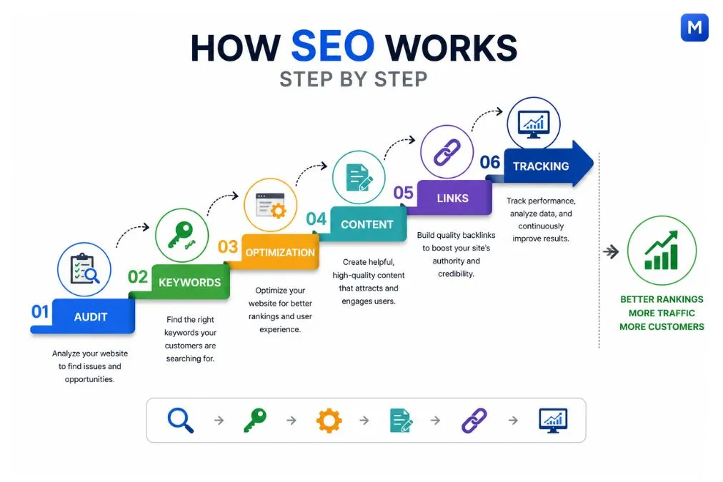 Step by step SEO process flowchart showing audit, keywords, content, links, and tracking