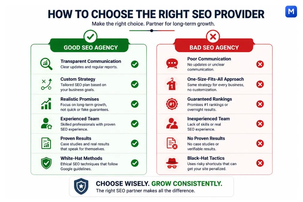 SEO provider comparison showing good agency with transparent strategy and bad agency with poor communication and fake promises