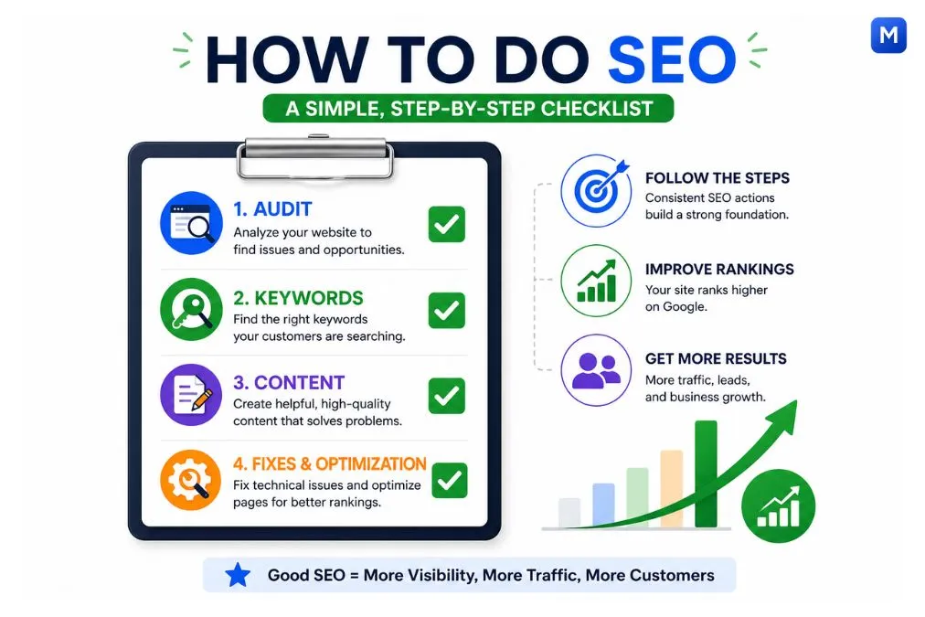 SEO checklist for small businesses showing audit, keyword research, content creation, and optimization steps