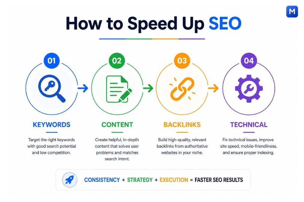 How to speed up SEO showing keywords content backlinks and technical steps infographic