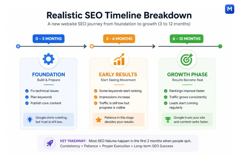 Realistic SEO timeline breakdown for a new website showing 0 to 3, 3 to 6, and 6 to 12 months growth stages