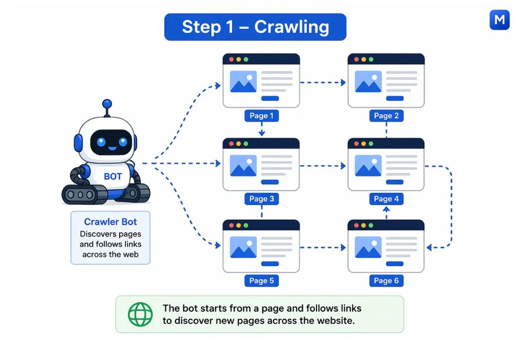 search engine crawling process showing bot discovering website pages and links