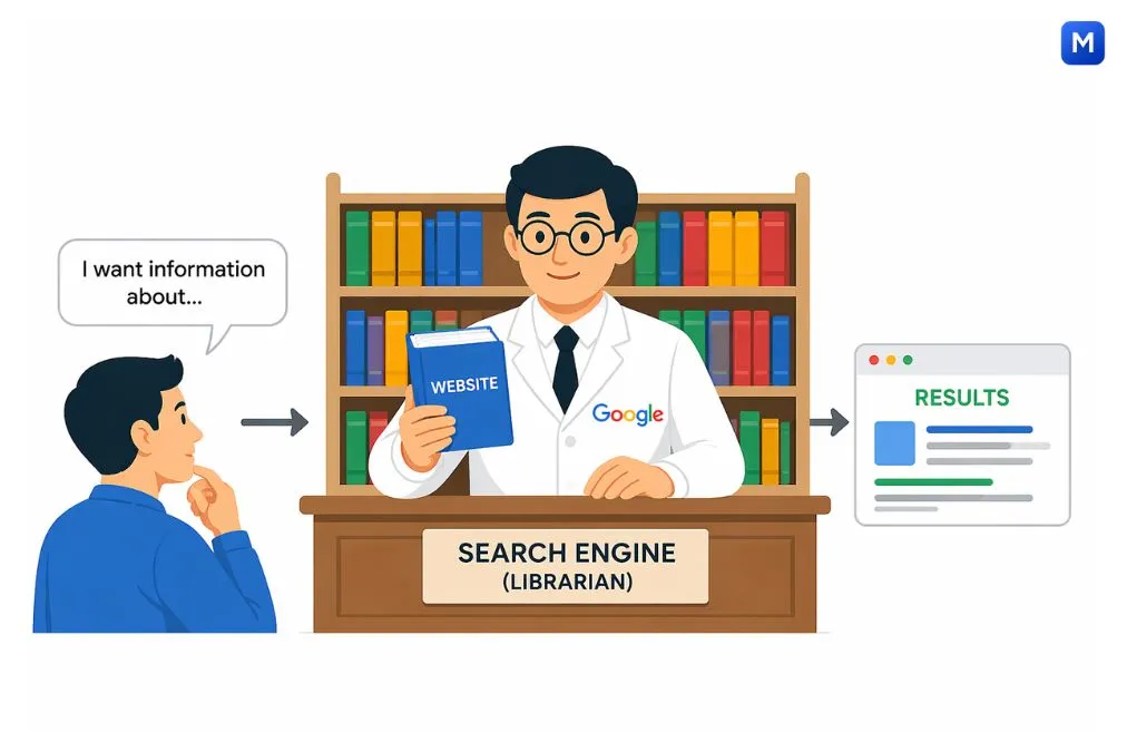 search engine working explained with librarian example showing user query and results