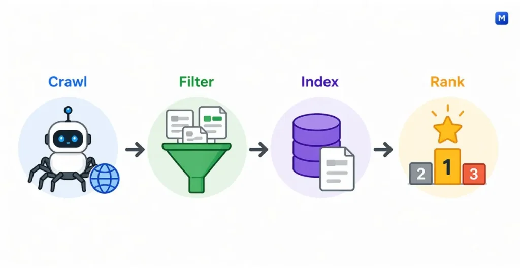 search engine process diagram showing crawl filter index and rank steps