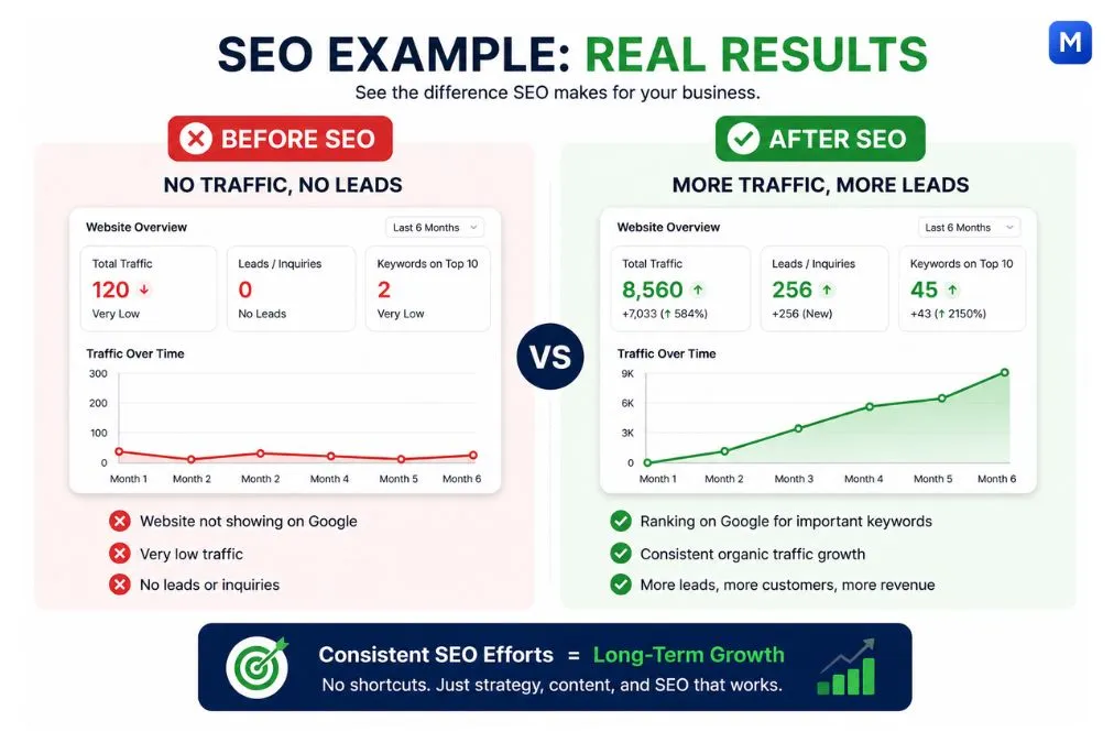 SEO before and after comparison showing no traffic and leads versus increased traffic and business growth