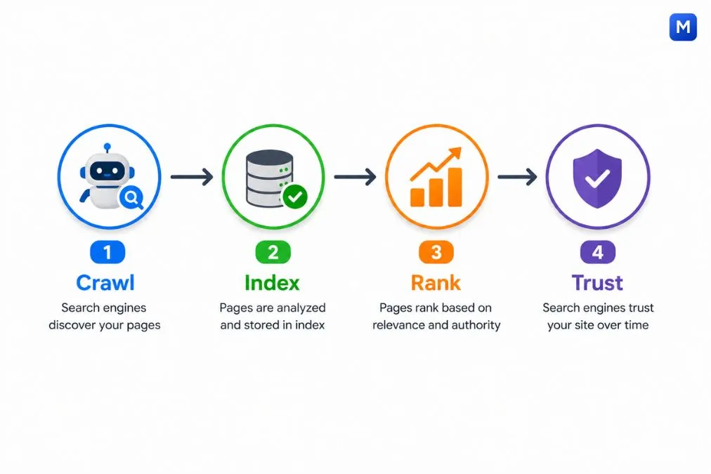 SEO process diagram showing crawl, index, rank, and trust stages
