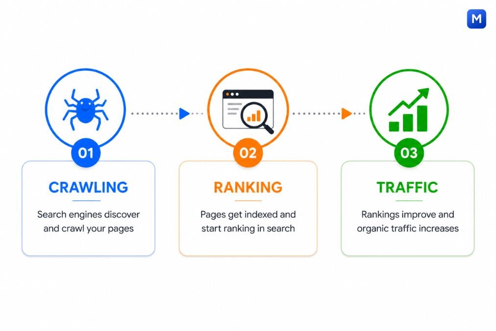 SEO timeline showing crawling, ranking, and traffic growth steps