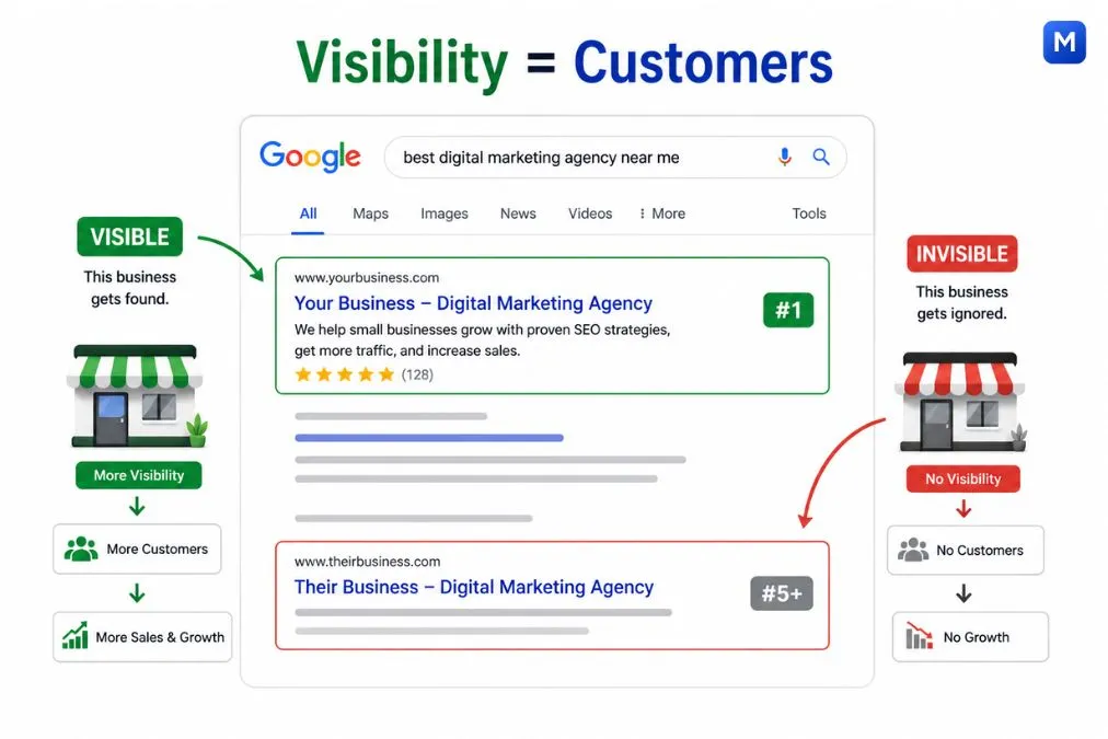 SEO visibility example for small businesses showing how higher Google rankings bring more customers