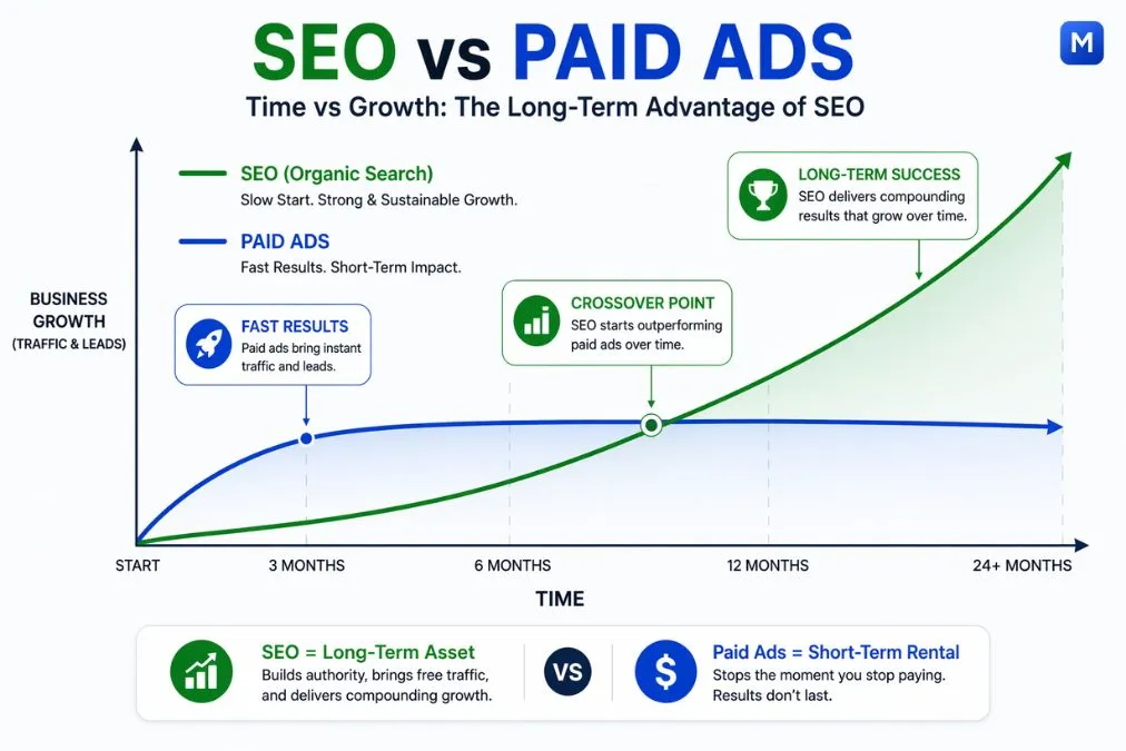 SEO vs paid ads graph showing long term growth vs short term results