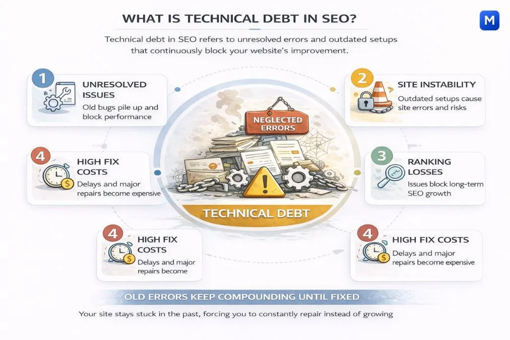 technical debt in SEO showing unresolved issues affecting website growth