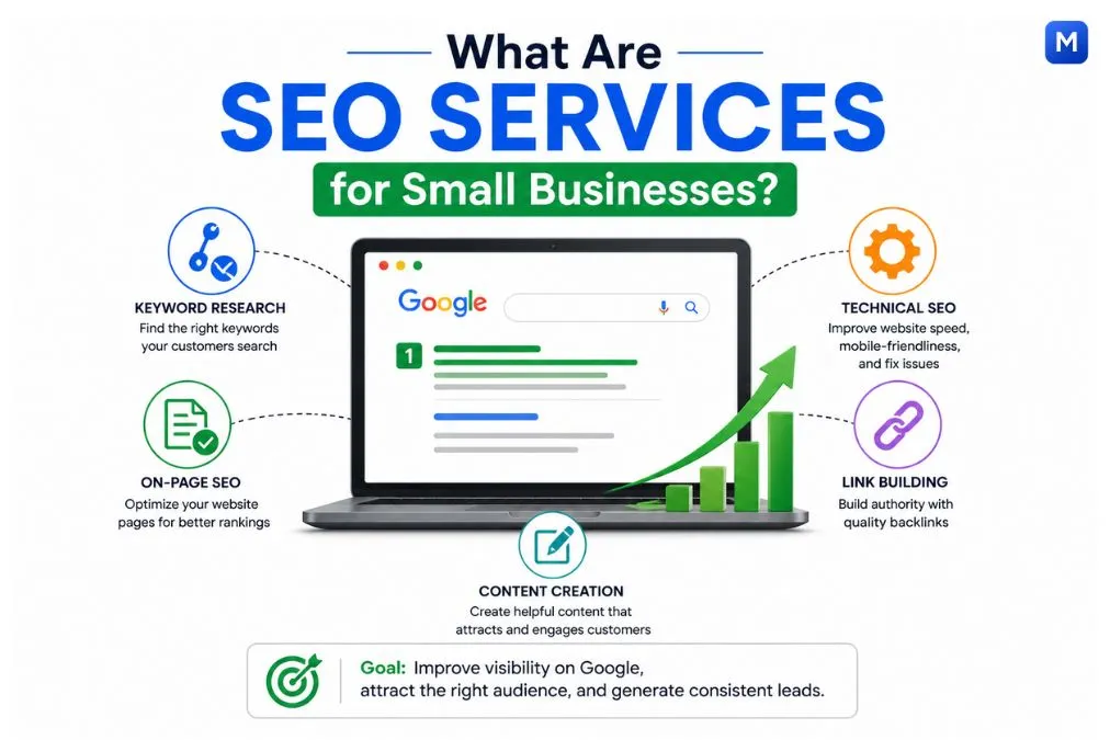 SEO services for small businesses visual showing website visibility on Google and business growth