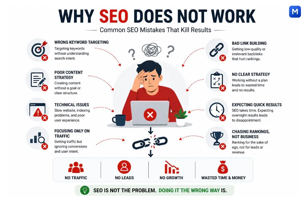 Why SEO does not work for small businesses in India showing common SEO mistakes like wrong strategy, poor keywords, and no conversions