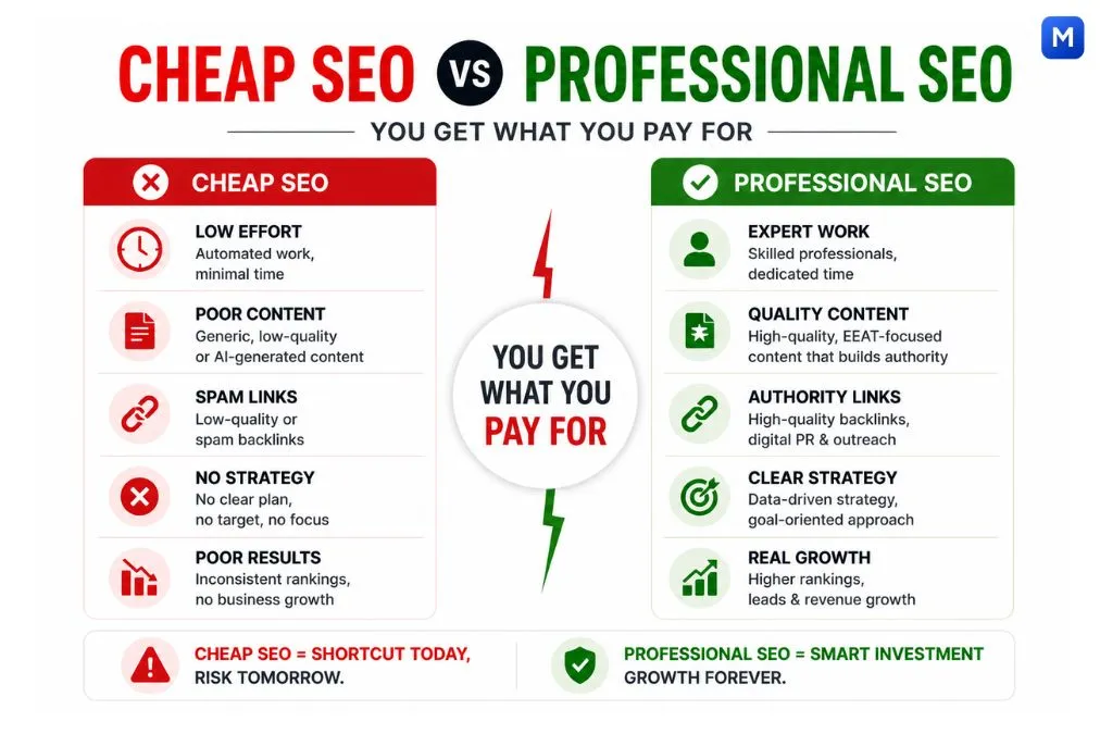 cheap SEO vs professional SEO comparison low quality vs real growth