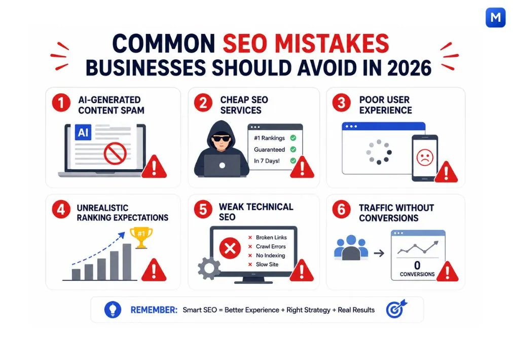 Common SEO mistakes businesses should avoid in 2026 infographic
