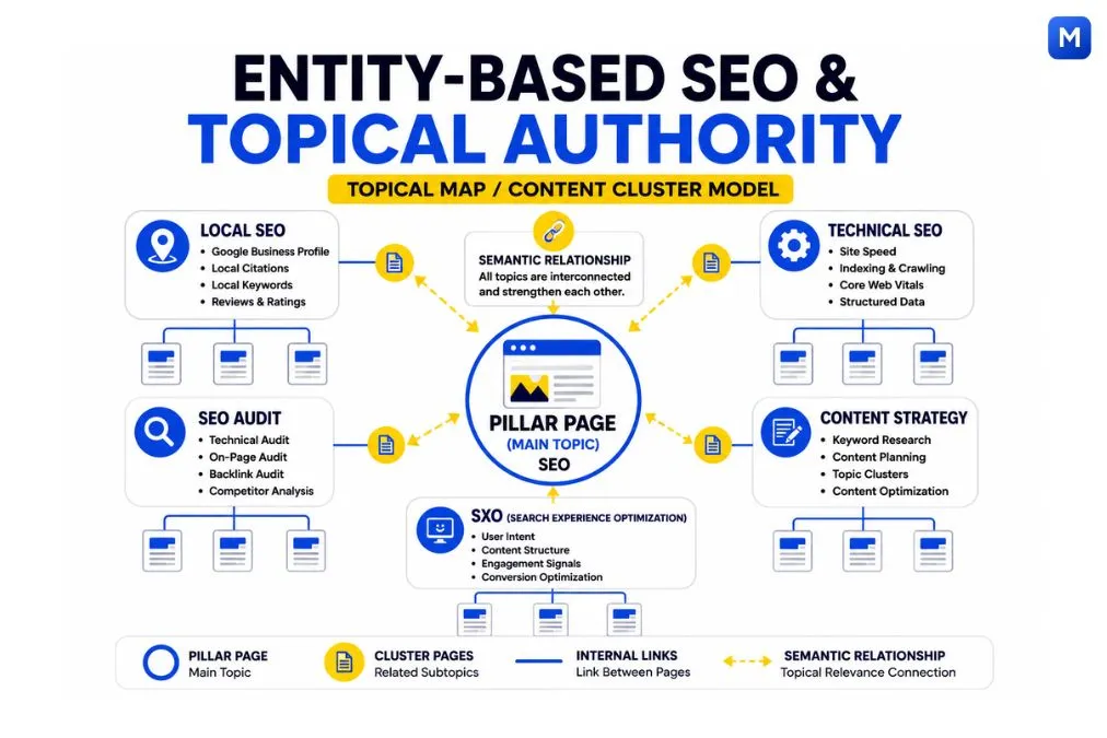 Entity-based SEO and topical authority infographic with content cluster model