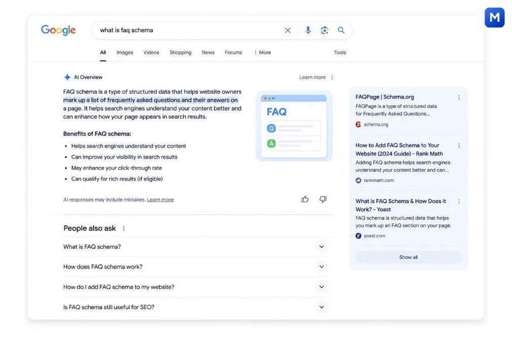 Google AI Overview search result example showing FAQ schema answers and People Also Ask after the FAQ rich results update in 2026