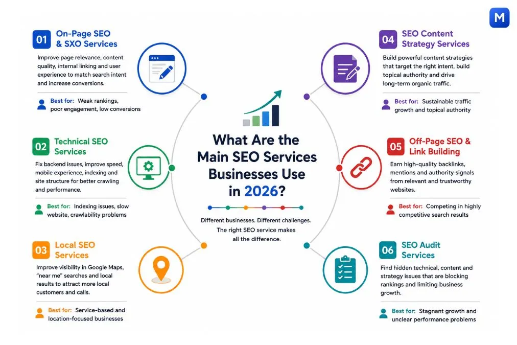 Main SEO services businesses use in 2026 infographic