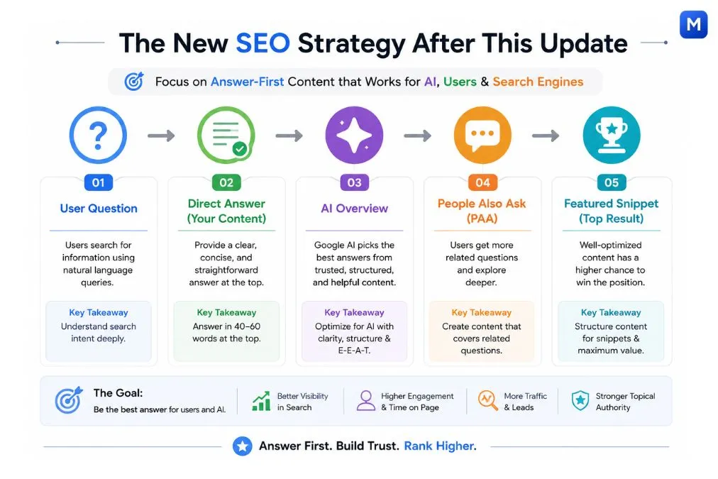 Modern SEO strategy infographic showing question-based content flow from direct answers to AI Overviews, People Also Ask, and featured snippets after Google’s FAQ update in 2026
