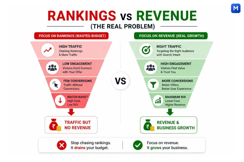 SEO rankings vs revenue funnel comparison traffic vs conversions wasted budget vs growth