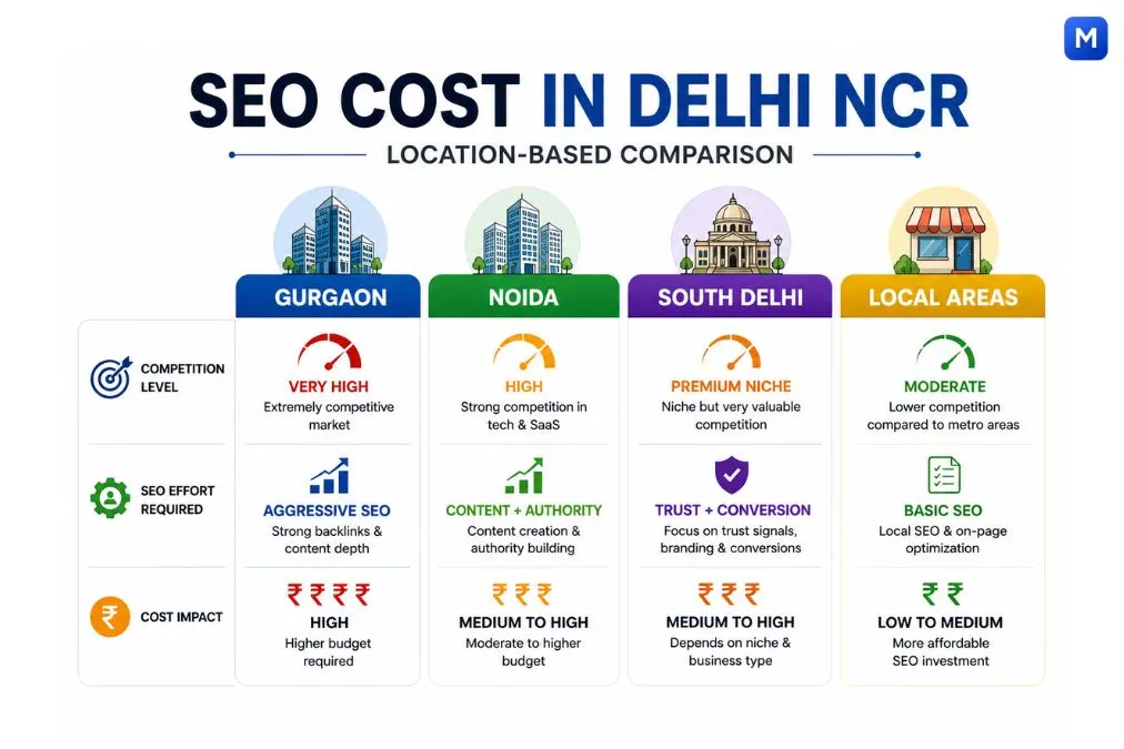 SEO cost in Delhi NCR by location Gurgaon Noida South Delhi local areas