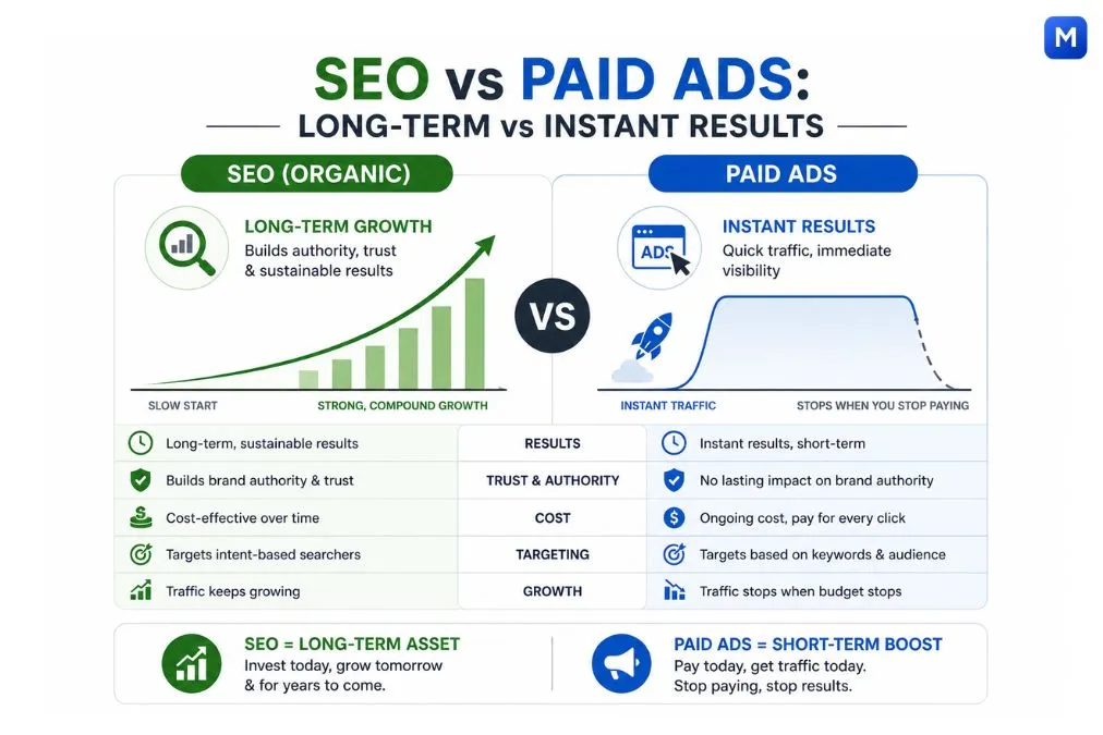 SEO vs paid ads comparison long term growth vs instant traffic results