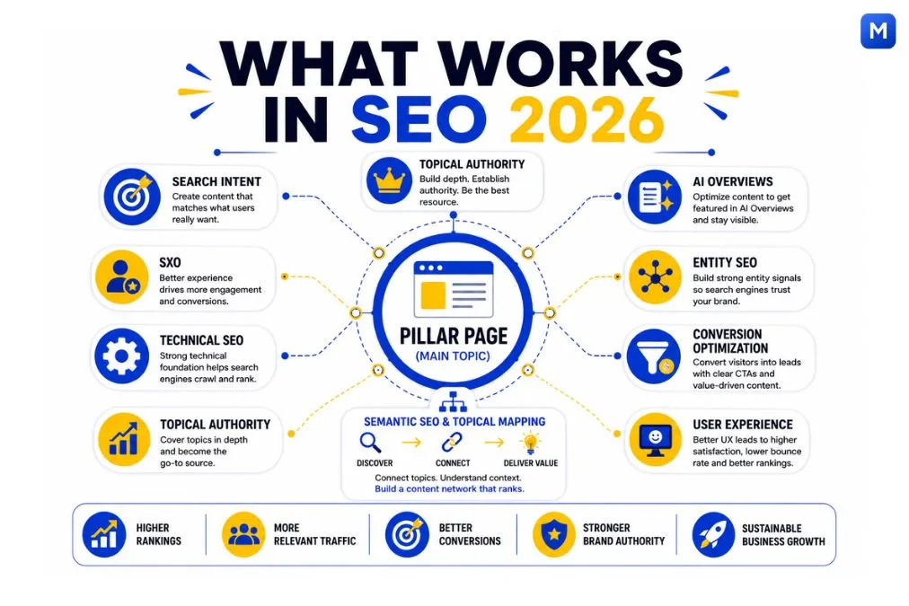 What works in SEO in 2026 infographic with topical authority and semantic SEO strategy