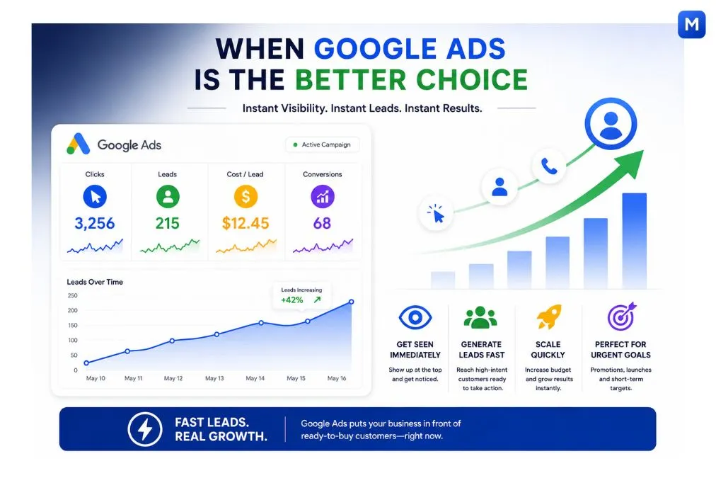 When Google Ads is the better choice infographic showing instant leads and fast campaign growth dashboard