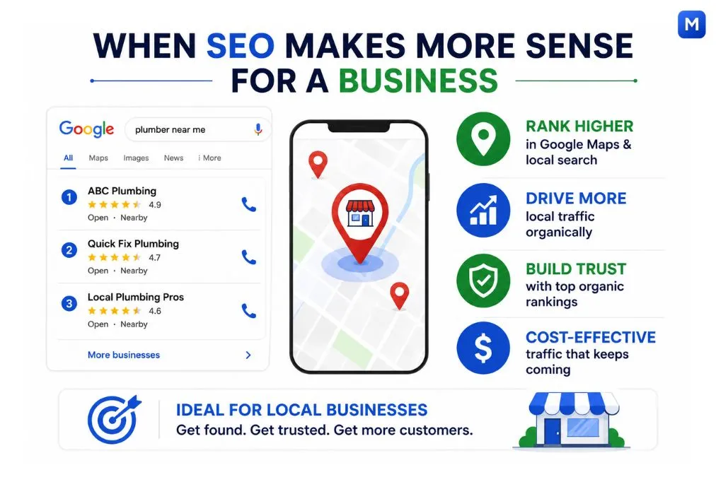 When SEO makes more sense for a business infographic showing local SEO rankings and organic visibility benefits