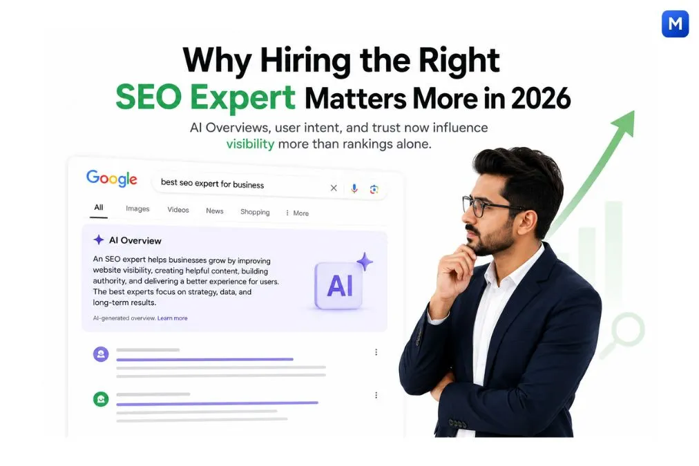 Business owner reviewing Google AI Overviews while choosing the right SEO expert in 2026