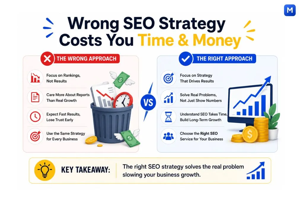 Wrong SEO strategy vs right SEO approach infographic for business growth
