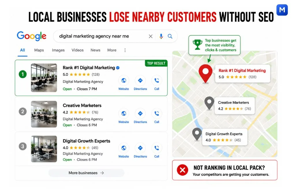 Local SEO infographic showing Google Local Pack rankings, business listings, map results, and how local businesses lose nearby customers without SEO