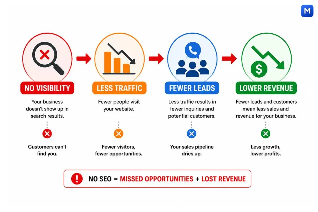 SEO traffic leads and revenue loss infographic showing how poor search visibility leads to fewer visitors, leads, and revenue